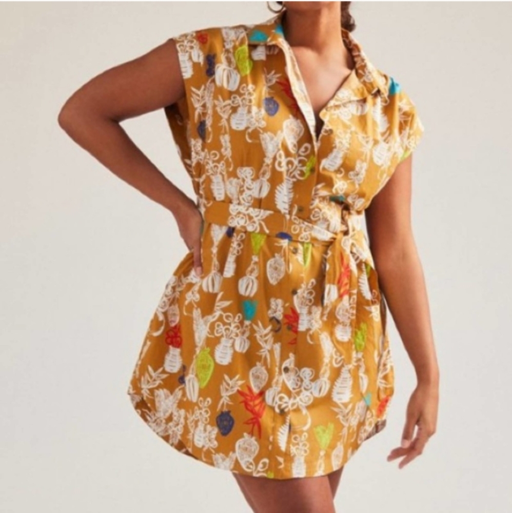 Anthropologie Maeve Toni Tunic Shirt Dress Tie Waist Plants Floral Size L